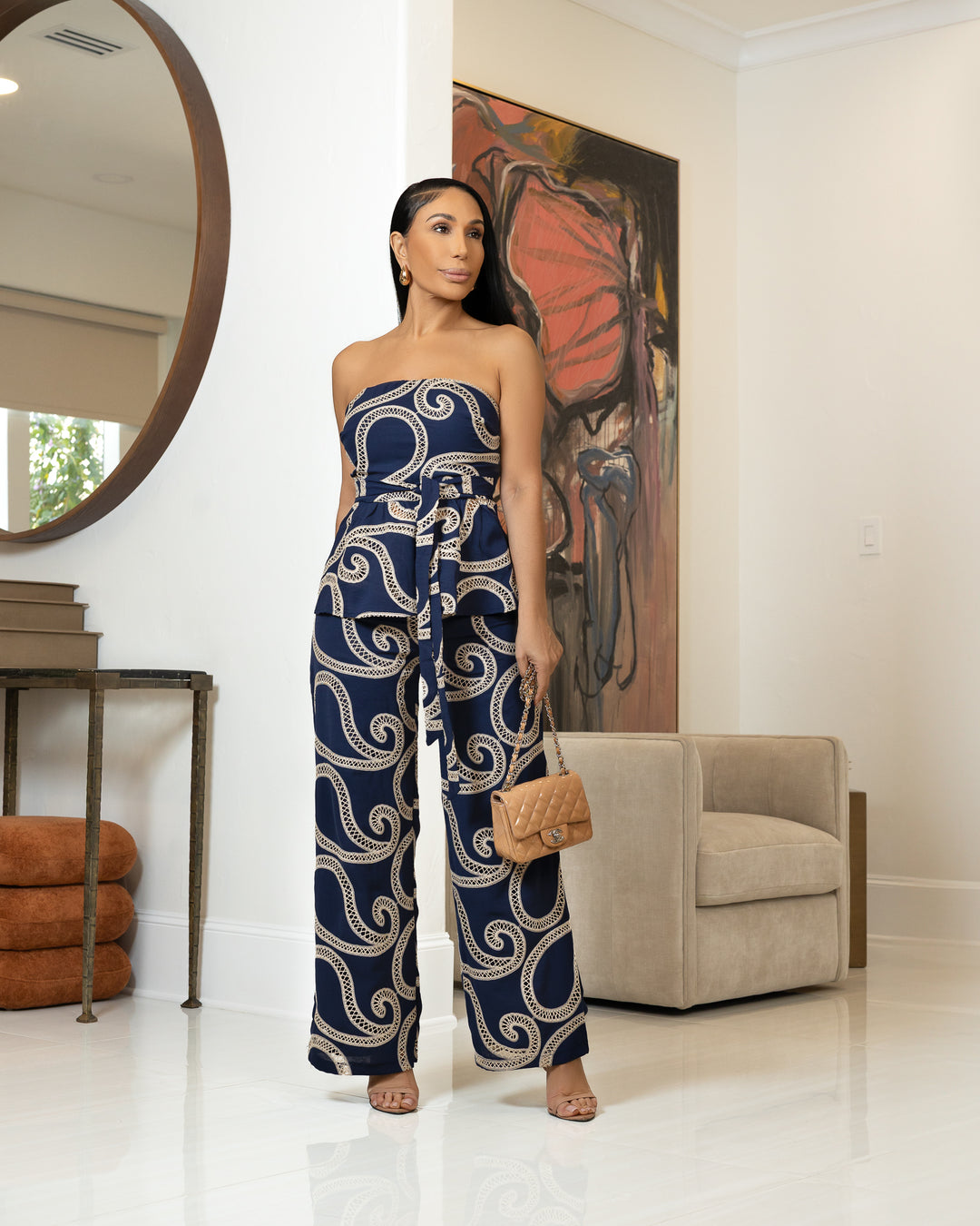 Krystle (Navy Blue/Beige Pant Set) ALL SALE ITEMS ARE A FINAL SALE NO EXCHANGE
