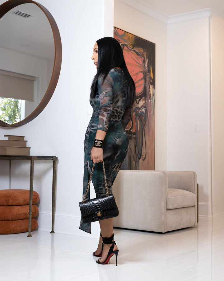 Ellery (Green Animal Print Midi Dress)
