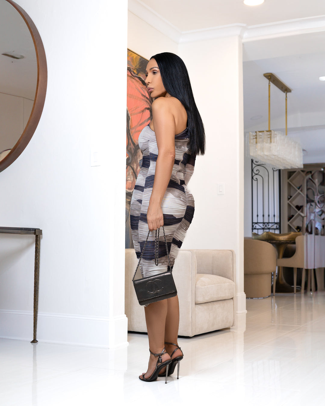Jarontae (Taupe/Black Multicolor Midi Dress)
