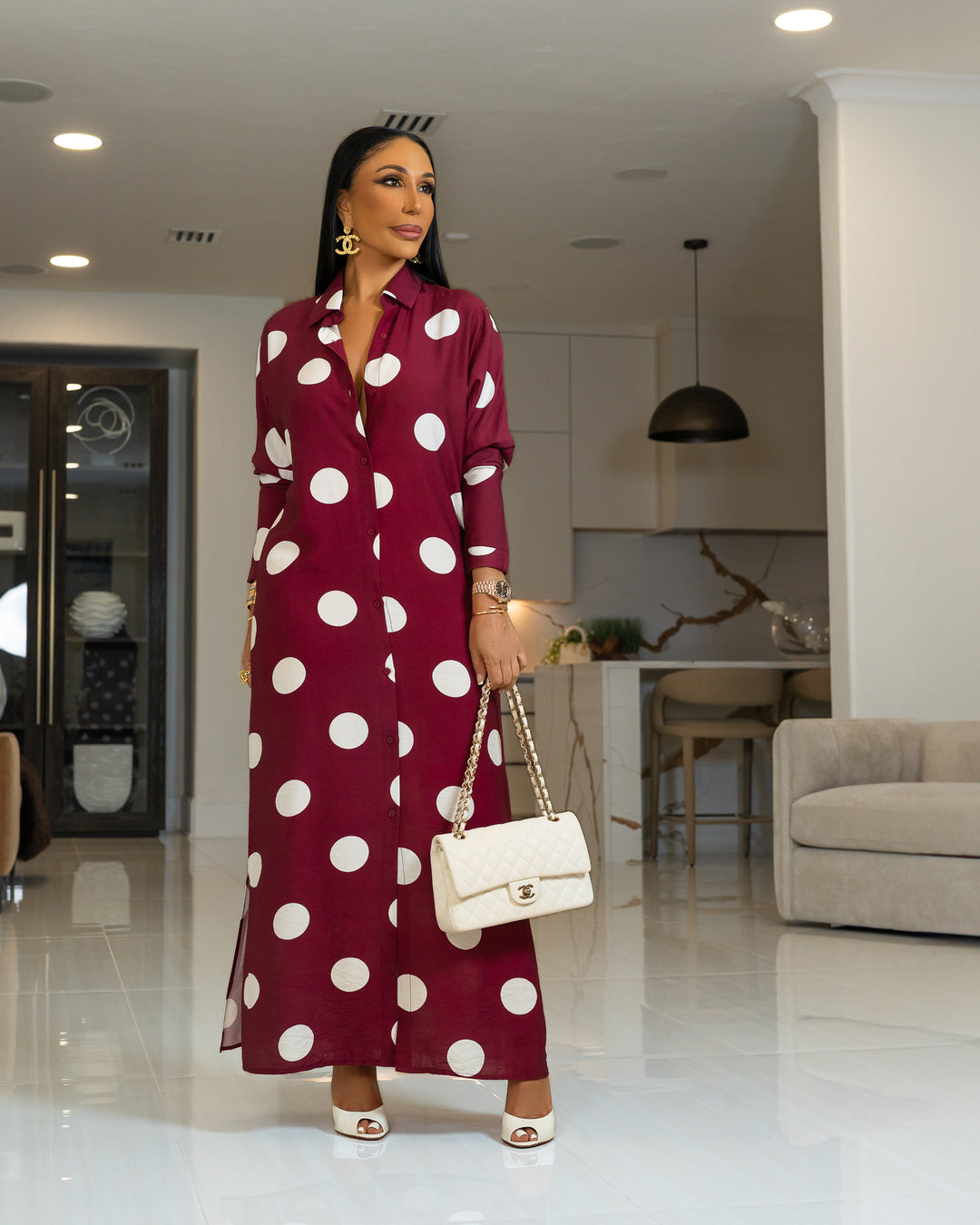 Cyrilla (Wine Polka Dot Maxi Shirt Dress)