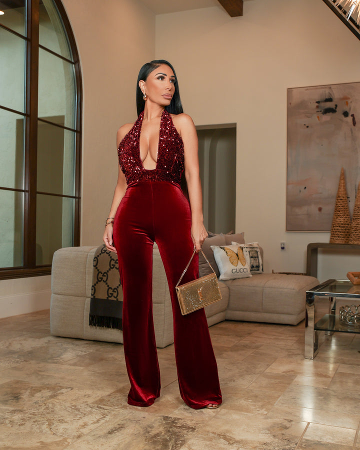 Astra (Burgundy Sequin Jumpsuit)