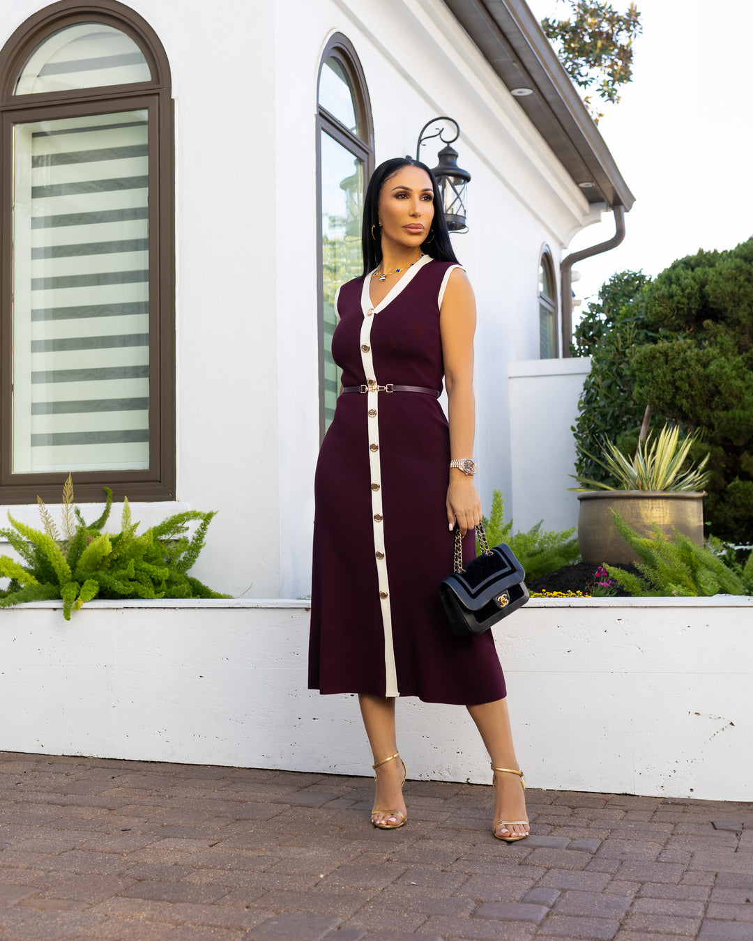 Lynn (Plum/White Midi Dress)
