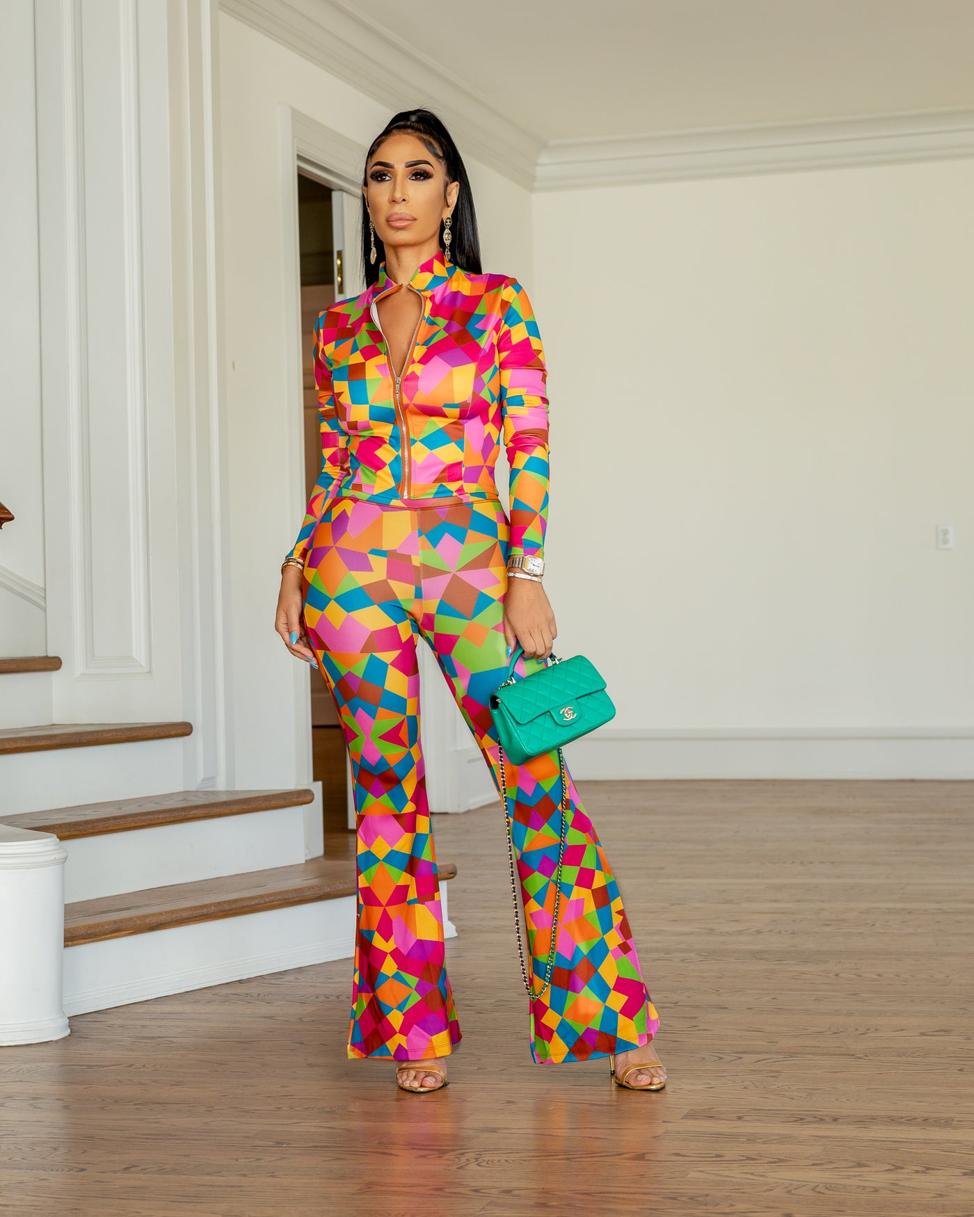 Vicolo (Pink Multi Color Flared Pants Set)
