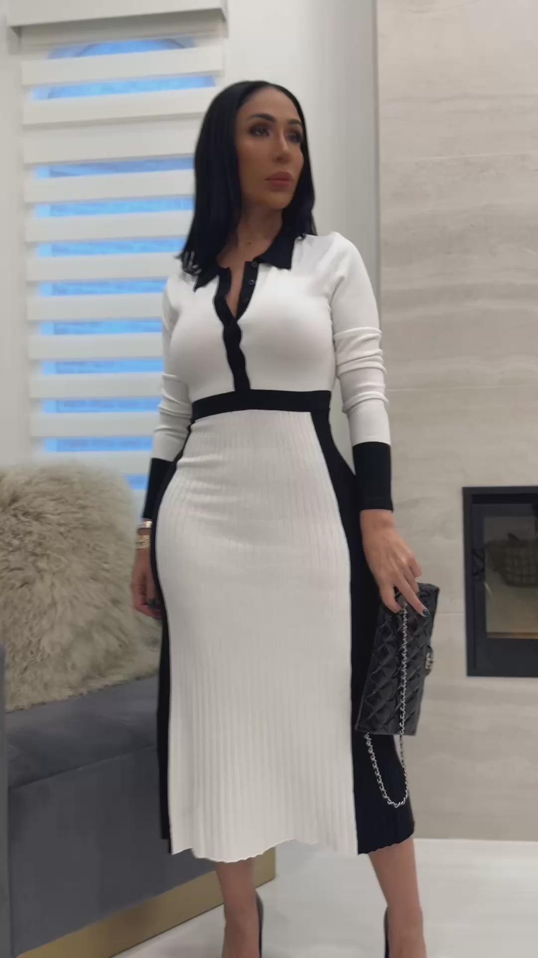 Reyes (Cream/Black Midi Dress)