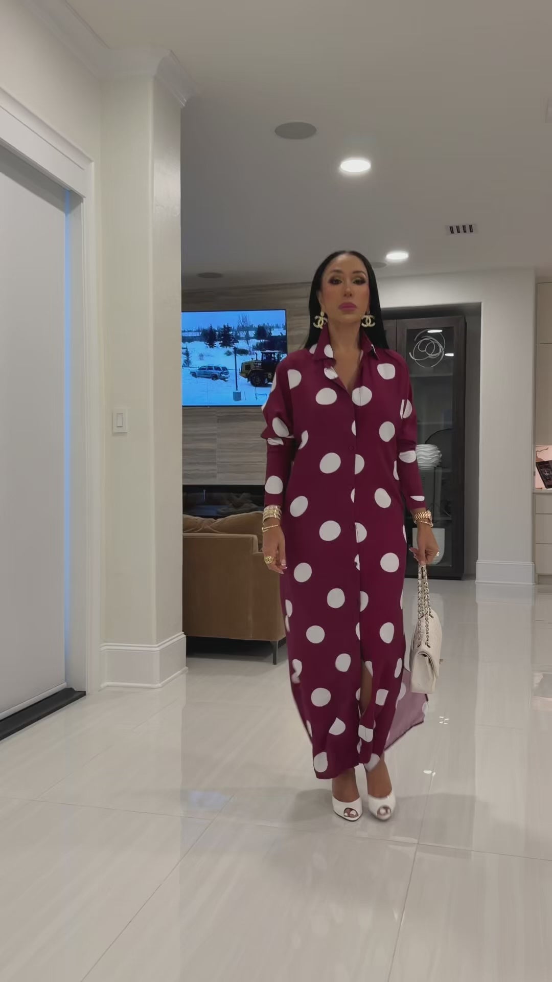 Cyrilla (Wine Polka Dot Maxi Shirt Dress)