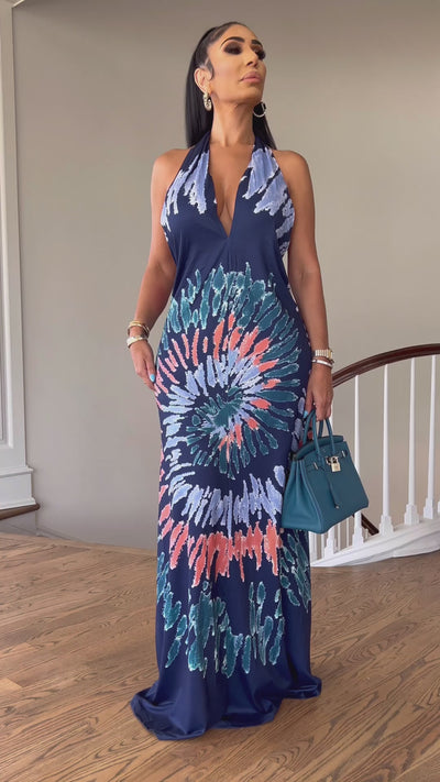 Sol (Navy Blue Multi Color Maxi Dress)