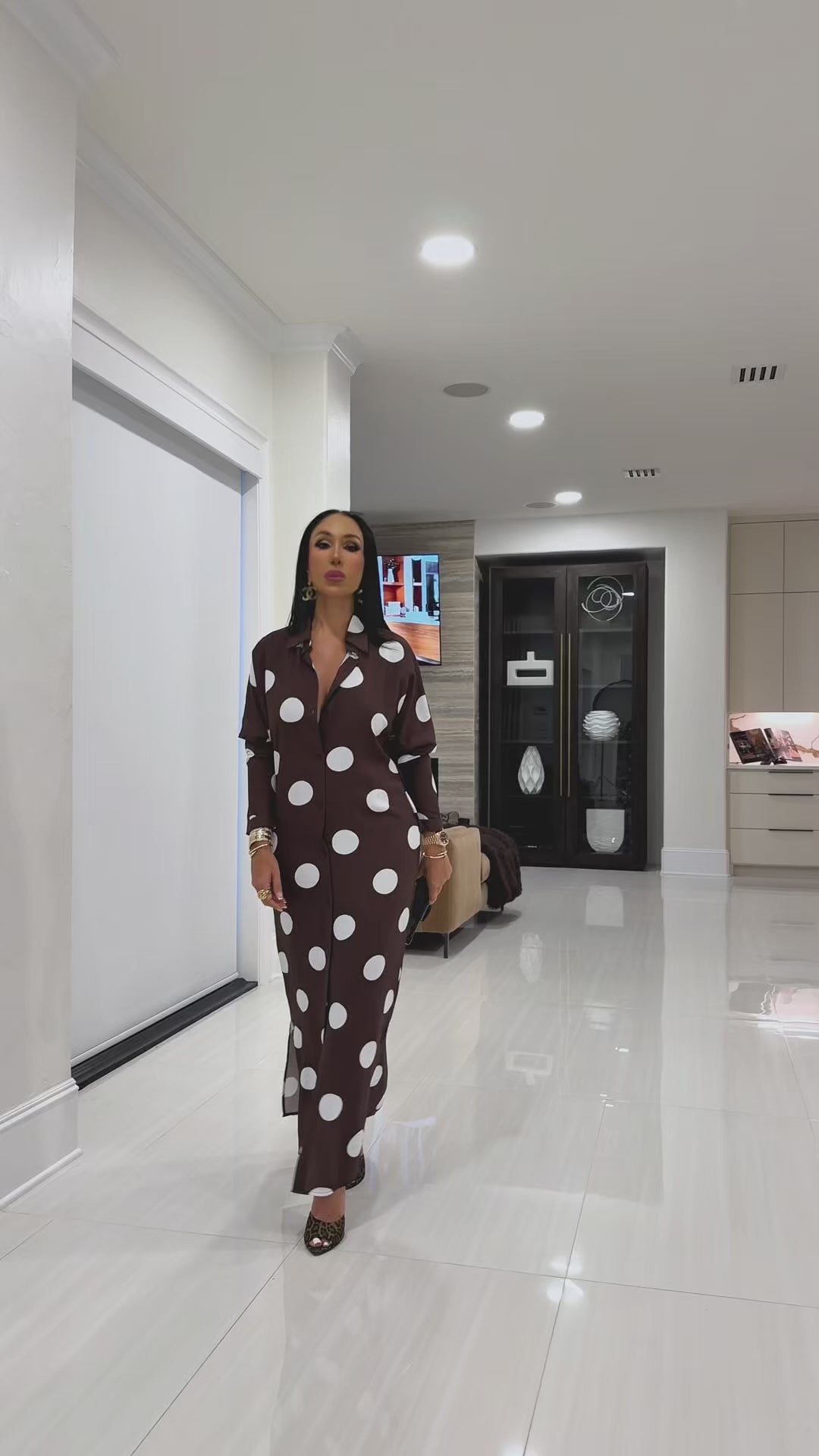 Cyrilla (Brown Polka Dot Maxi Shirt Dress)