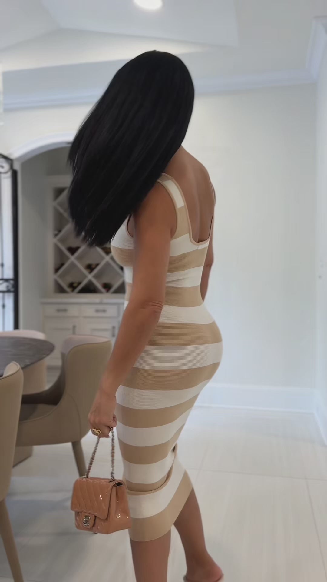 Tashika (Taupe/White Midi Dress)