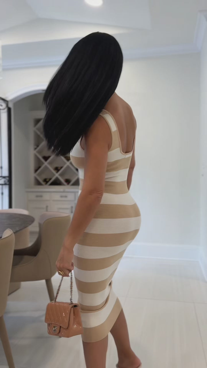 Tashika (Taupe/White Midi Dress)