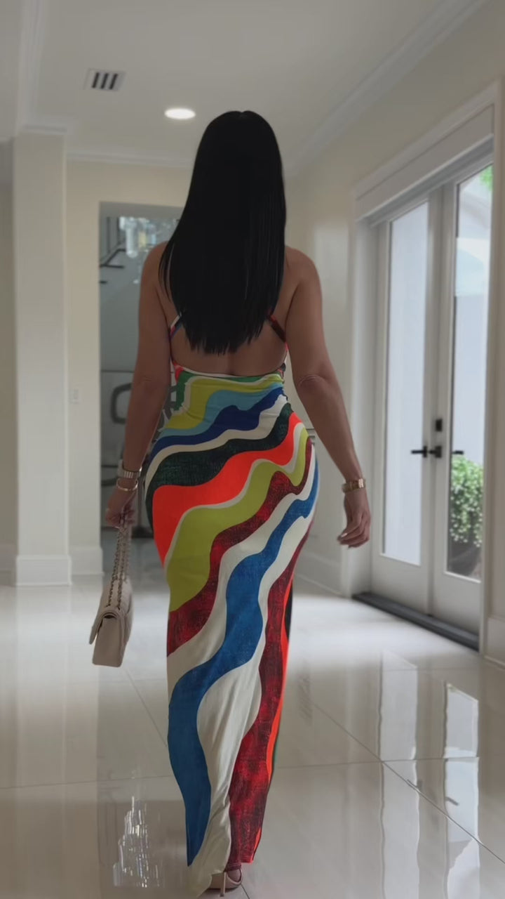 Basil (Blue/Orange Multi Color Maxi Dress)