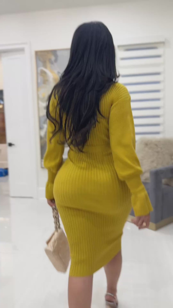 Agni (Mustard Ribbed Sweater Dress)
