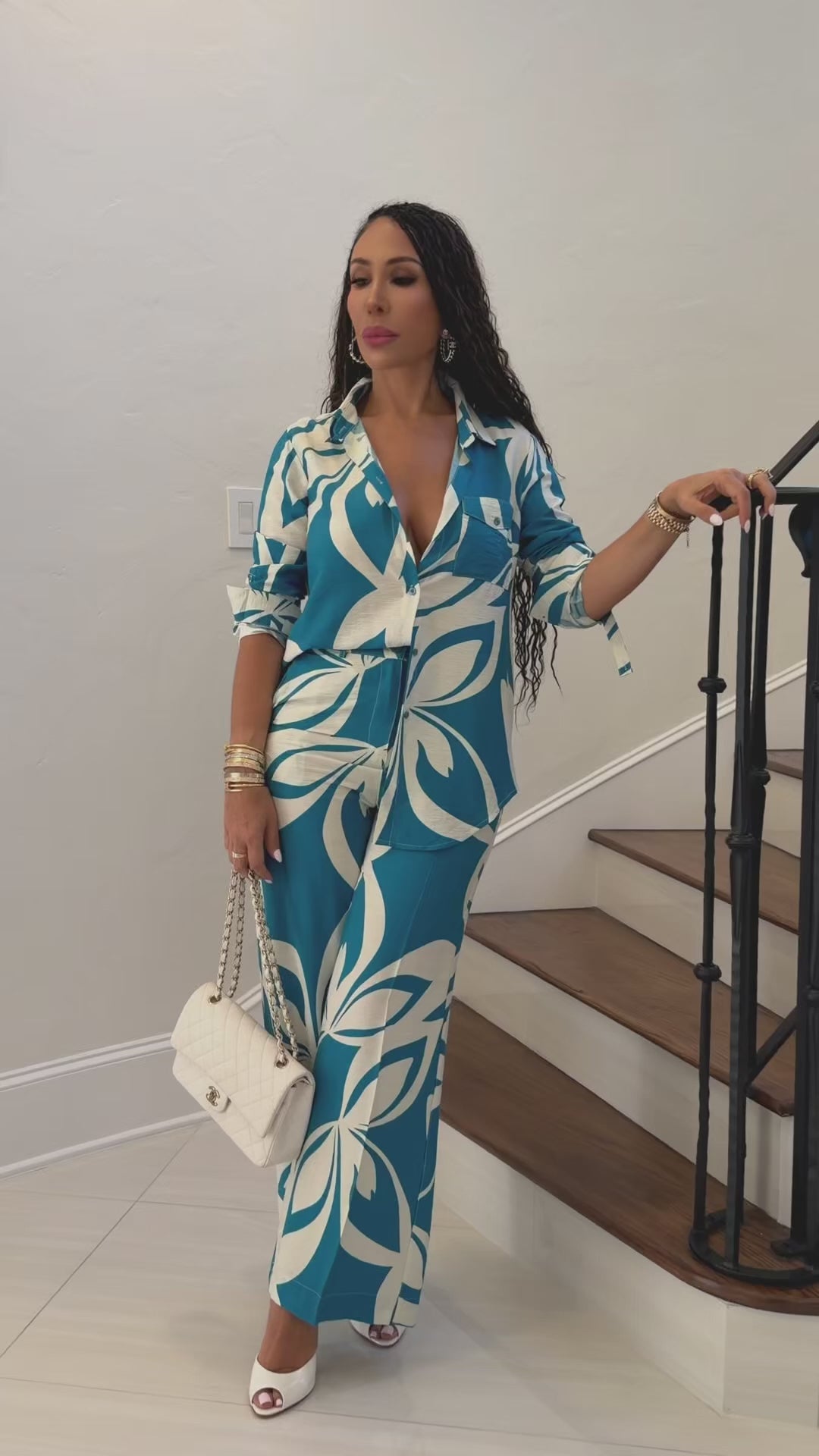 Poka (Teal/White Floral Print Pant Set)