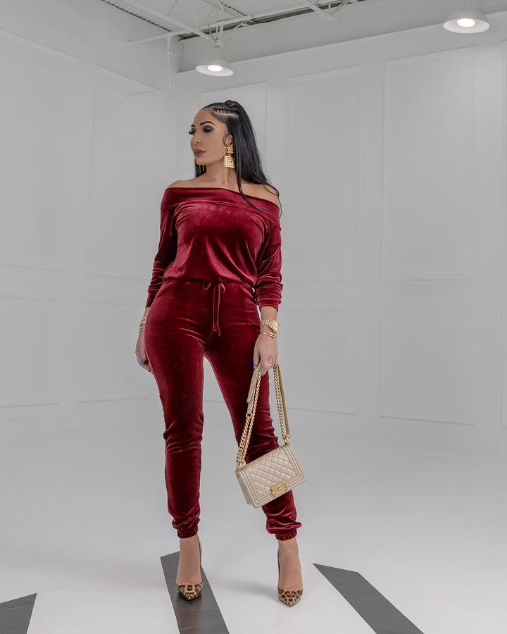 Dria (Wine Velvet Jumpsuit)