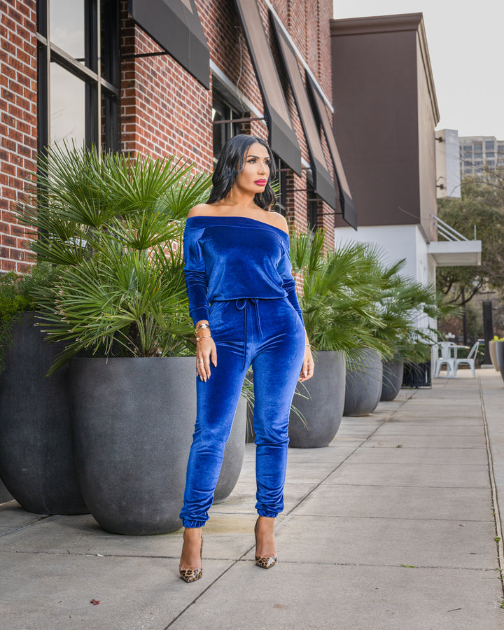 Dria (Royal Blue Velvet Jumpsuit)