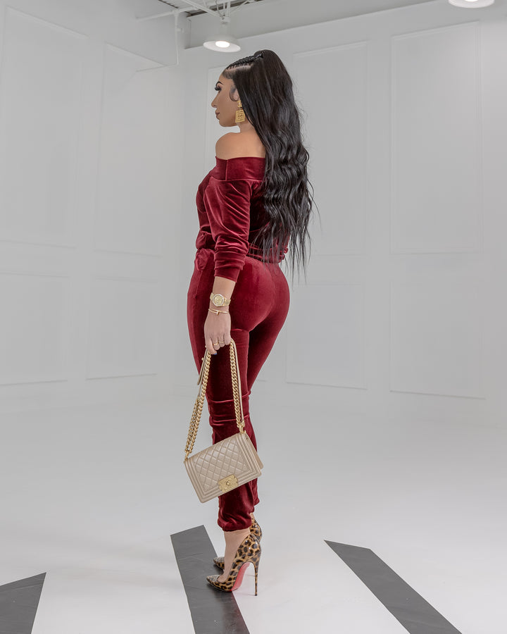 Dria (Wine Velvet Jumpsuit)